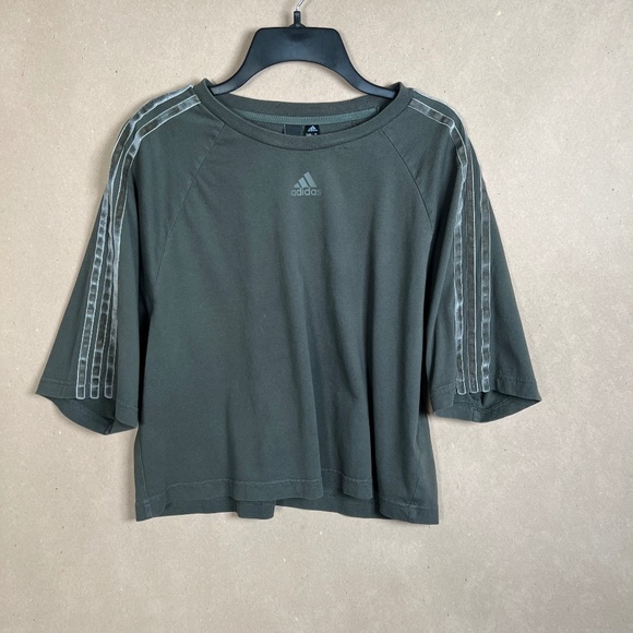 adidas Tops - Oversize Adidas Cropped Tee with Plush Velvet stripes and big sleeves grey  L